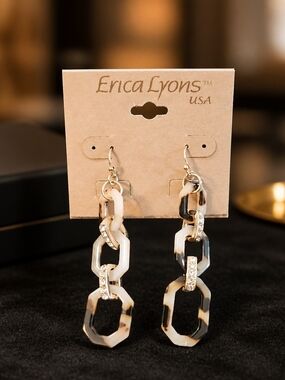 Erica Lyons Tortoiseshell Link Drop Earrings with Gold and Clear Accents